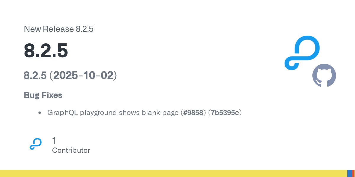ParsePlatform's tweet card. 8.2.5 (2025-10-02) Bug Fixes GraphQL playground shows blank page (#9858) (7b5395c)