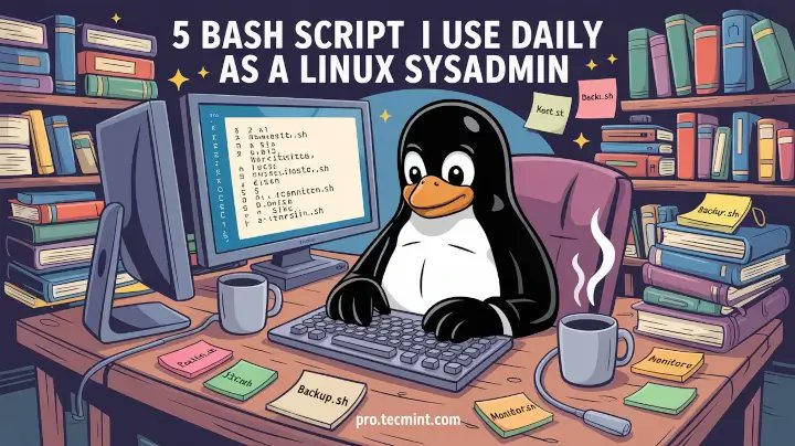 tecmint's tweet card. In this article, I share 5 Bash scripts I use daily as a Linux sysadmin to automate tasks like updates, backups, monitoring, and security checks.