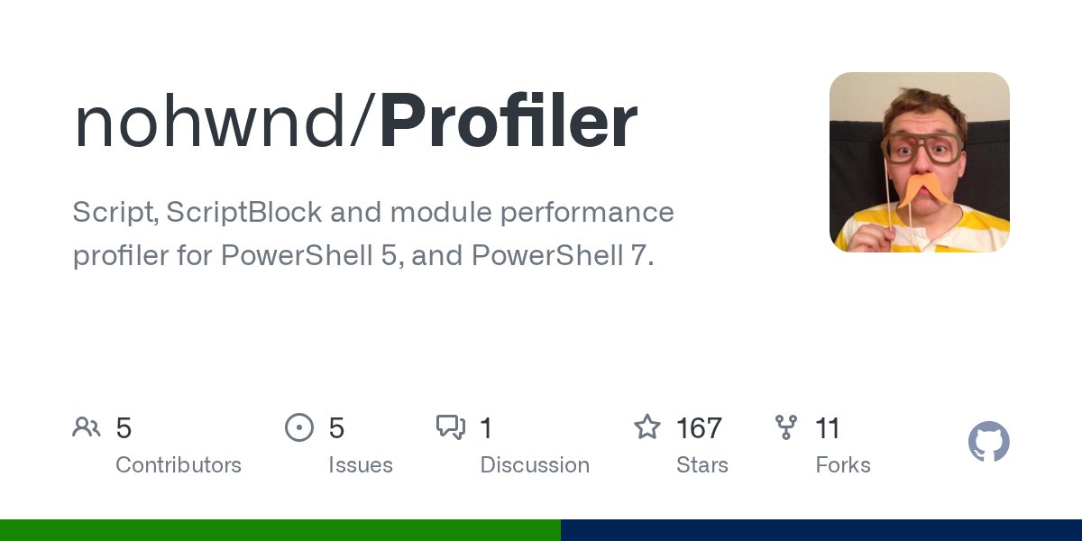 nohwnd's tweet card. Script, ScriptBlock and module performance profiler for PowerShell 5, and PowerShell 7. - GitHub - nohwnd/Profiler: Script, ScriptBlock and module performance profiler for PowerShell 5, and PowerS...