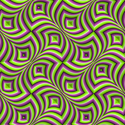 yurrey_p's tweet card. Optical illusion seamless pattern. Moving repeatable texture of green purple striped fancy shapes.