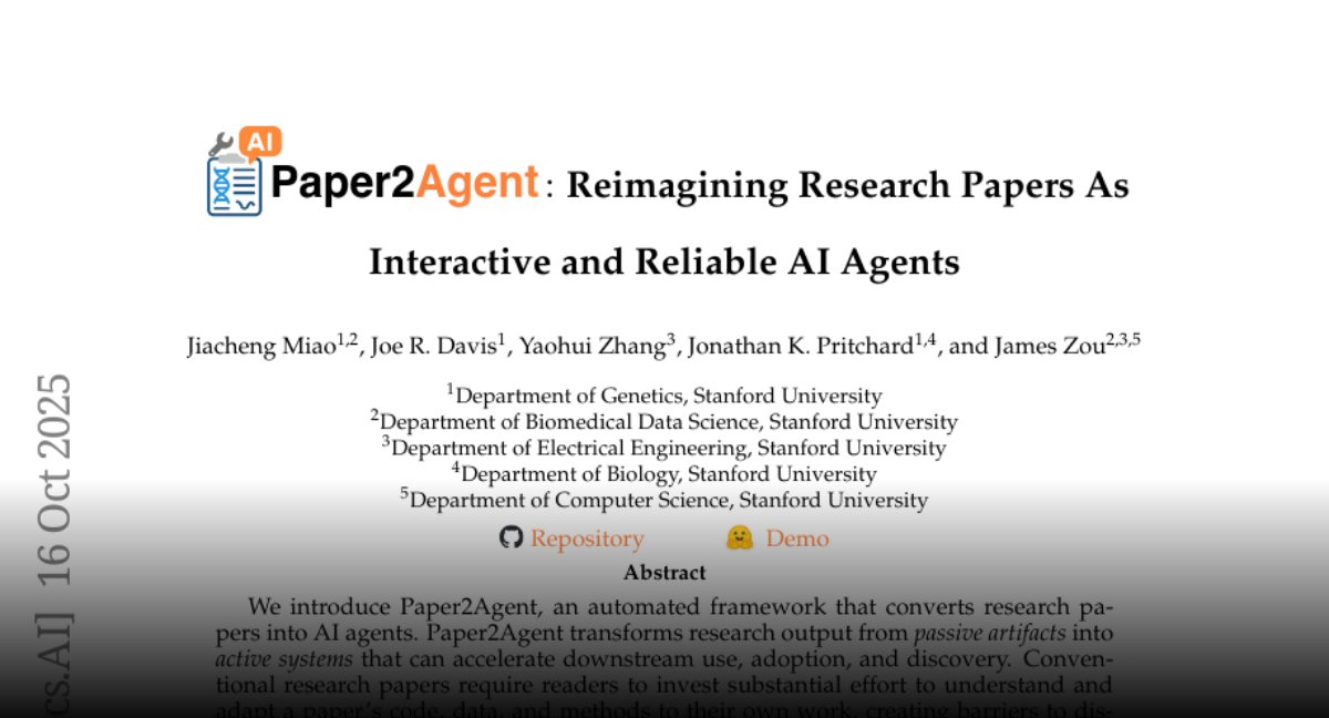 HuggingPapers's tweet card. Paper page - Paper2Agent: Reimagining Research Papers As Interactive and Reliable AI Agents