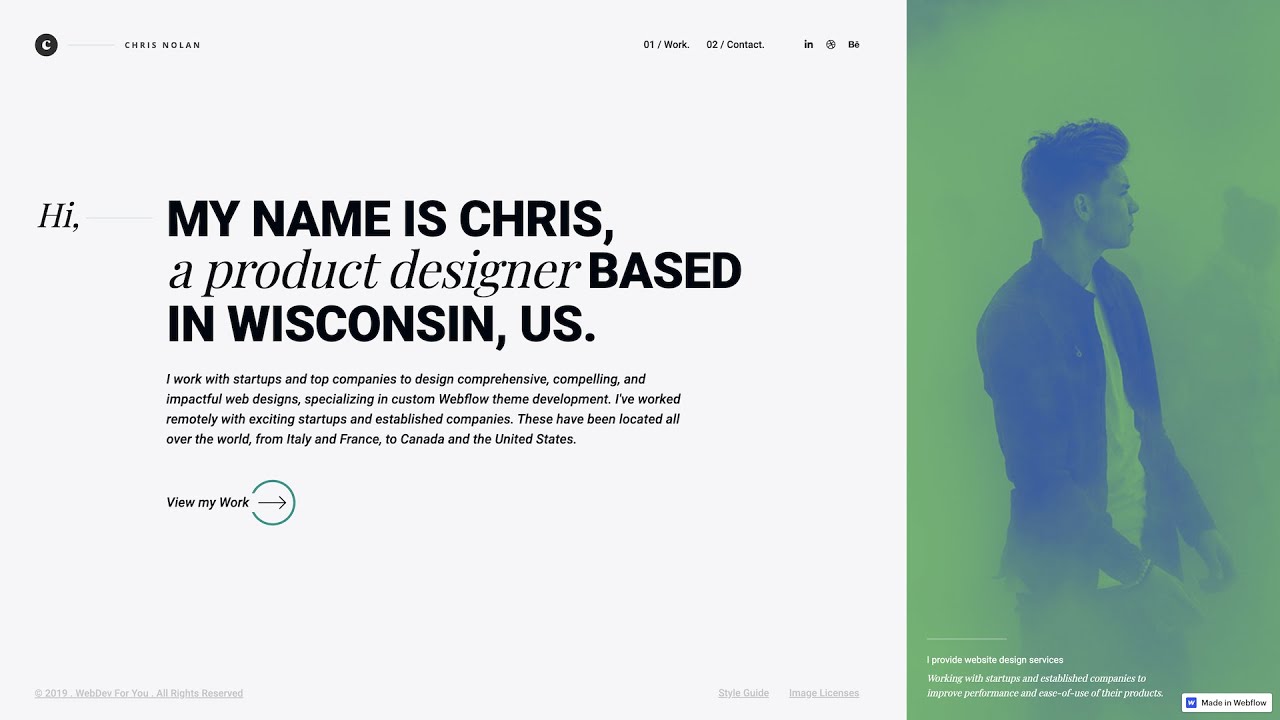 webdevforyou's tweet card. FREE Webflow Portfolio Template | Christopher Nolan | Quick Overview