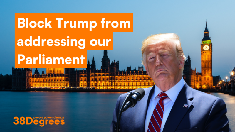 Stephowd's tweet card. I've just signed 38 Degrees' petition calling on Trump to be banned from addressing the UK Parliament during his state visit later this year. Will you join me and add your name too?
