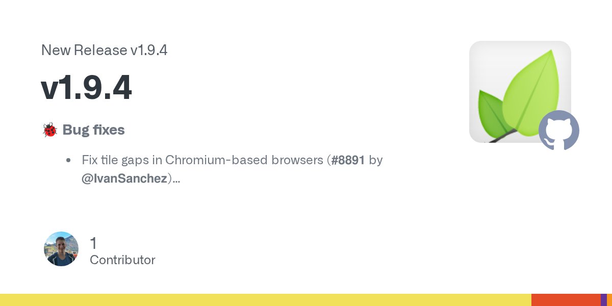 LeafletJS's tweet card. 🐞 Bug fixes Fix tile gaps in Chromium-based browsers (#8891 by @IvanSanchez) Fix vector drifts when zoomAnimation is false and zooming via flyTo or pinch (#8794 by @plainheart) Ensure toGeoJSON() ...