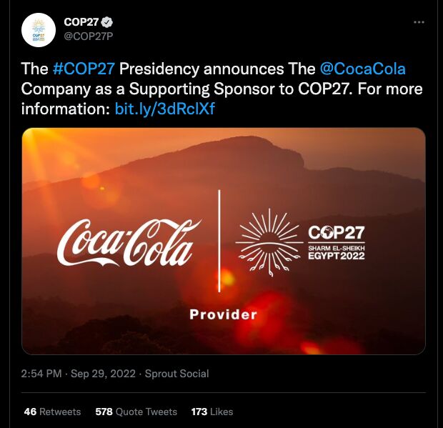 WhatWeValue's tweet card. Funny/tragic repost: "Coca-Cola Sponsoring #COP27 is like KFC sponsoring PETA." #Plasticwaste #greenwashing? Its website tells me it has revenues of - wait for it - of "37.27 billion USD (2019)"....