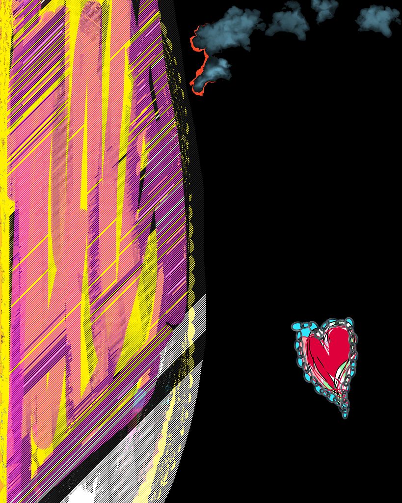 stoushisun's tweet card. Electric Drift captures the surreal tension between chaos and tenderness in a vividly hand-rendered composition. On the left, a towering mass of jagged neon lines—etched in electrifying yellows,...