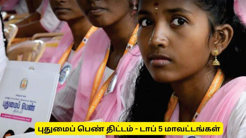 ZeeTamilNews's tweet card. Pudhumai Penn Scheme: கல்லூரி மாணவிகளுக்கு மாதம் ரூ.1000 கொடுக்கும் புதுமைப் பெண் திட்டத்தில் அதிக பயனாளிகள் உள்ள டாப் 5 மாவட்டங்களின் பட்டியலை தமிழ்நாடு அரசு வெளியிட்டுள்ளது.  