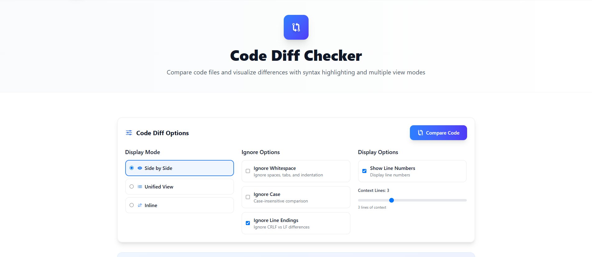 tcc_deepak's tweet card. Compare two code files and highlight differences with syntax highlighting and multiple view modes.