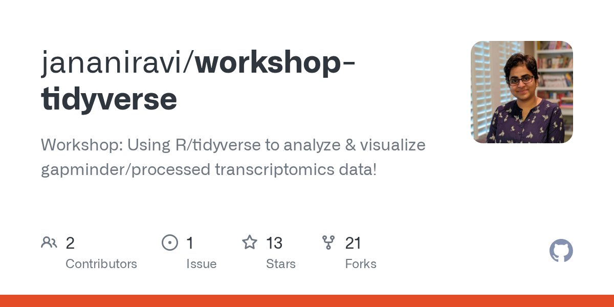 janani137's tweet card. Workshop: Using R/tidyverse to analyze & visualize gapminder/processed transcriptomics data! - jananiravi/workshop-tidyverse