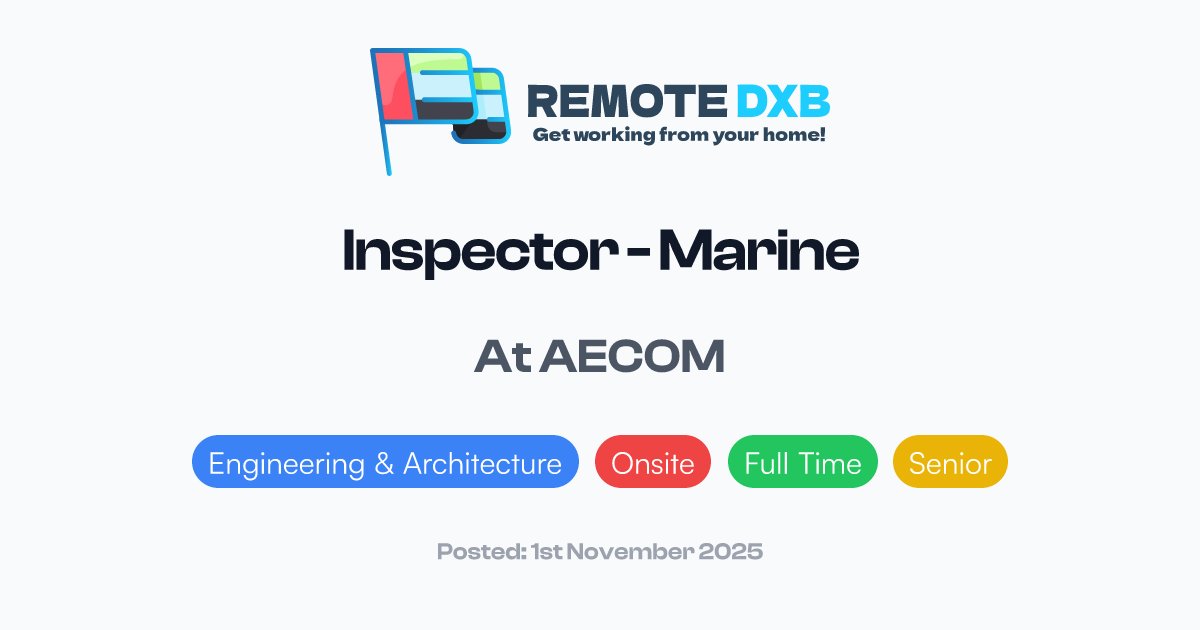RemoteDXB's tweet card. AECOM is hiring a Marine Inspector (Dredging & Reclamation) in Dubai. The role focuses on inspecting dredging operations, reclamation works and rock e...