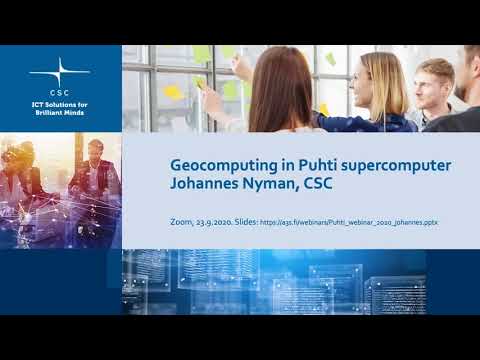 CSCfi's tweet card. Webinar: Geocomputing in Puhti