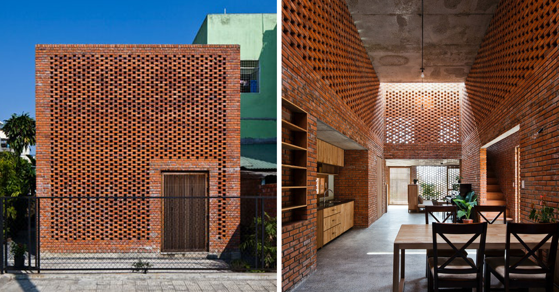 Architizer's tweet card. These architects challenge convention by creating perforated brick walls and screens, contrasting solidity with openness and rigidity with versatility.