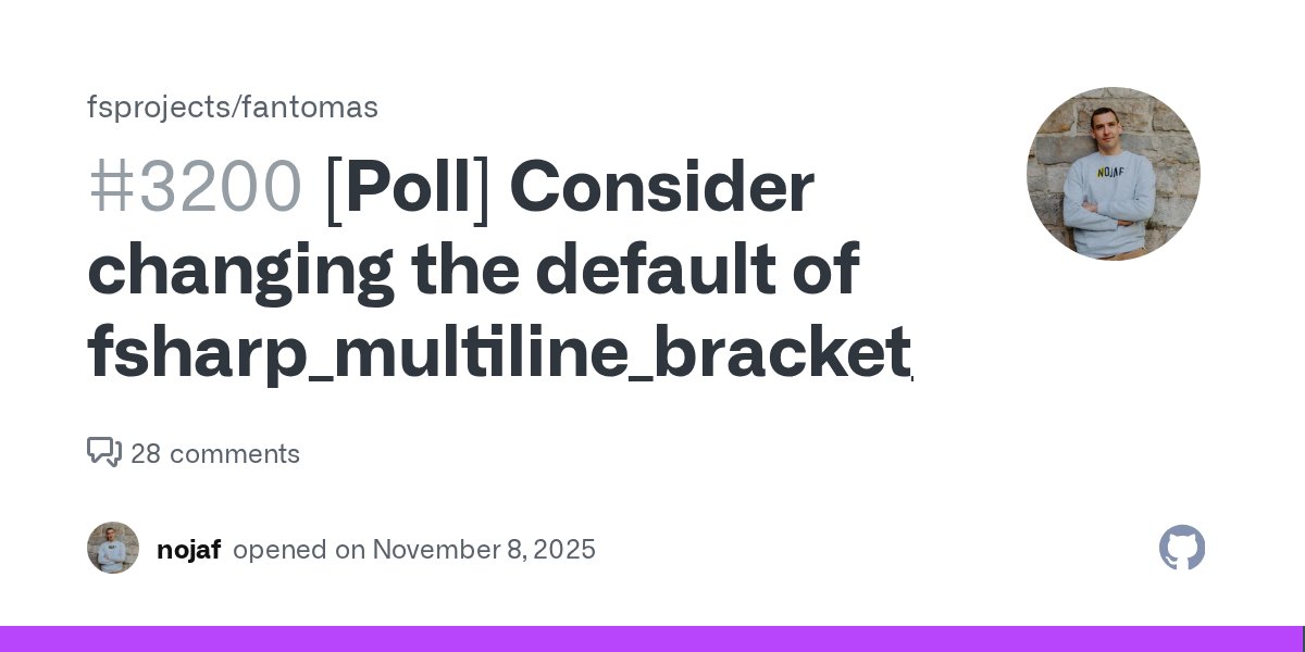 verdonckflorian's tweet card. Hello everyone, I recently had a conversation about how Fantomas formats records by default (fsharp_multiline_bracket_style = cramped). There’s a configuration setting for this: fsharp_multiline_br...