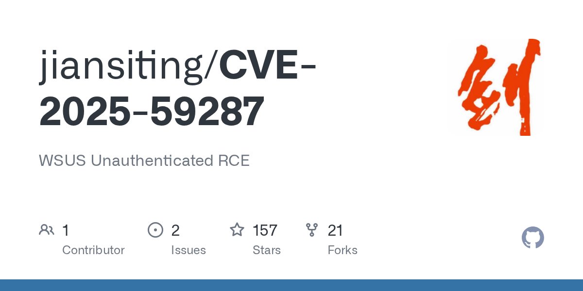 theluemmel's tweet card. WSUS Unauthenticated RCE. Contribute to jiansiting/CVE-2025-59287 development by creating an account on GitHub.