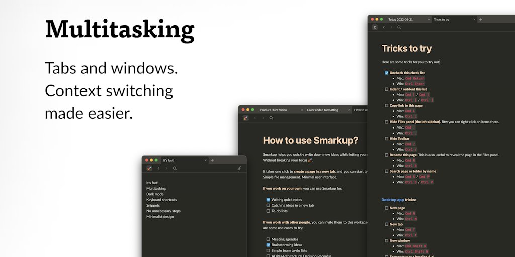 Smarkup's tweet card. Extremely simple, minimal and fast app for notes, simple to-do lists, meeting agendas, brainstorming ideas. Smarkup helps you quickly write down new ideas while letting you stay where you are -...