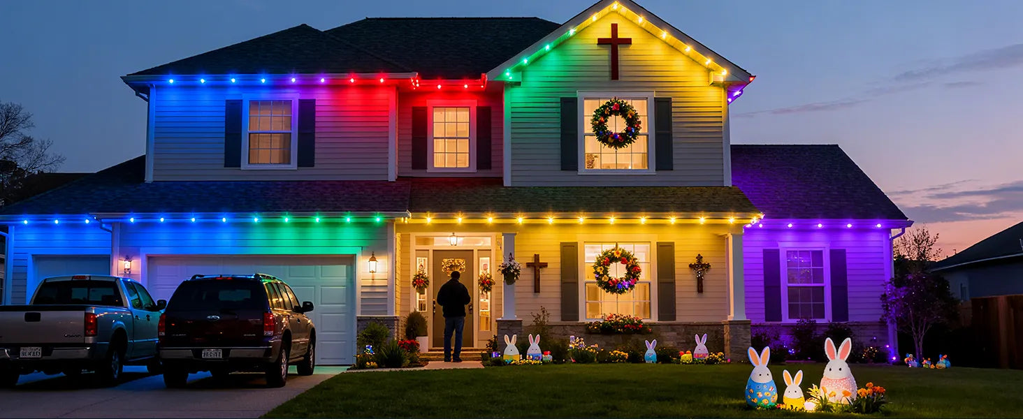 JCLGLlighting's tweet card. JCLGL's smart permanent outdoor lights with APP control! Remote control, scheduling, colors with one-click switching, IP65 waterproof & durable.