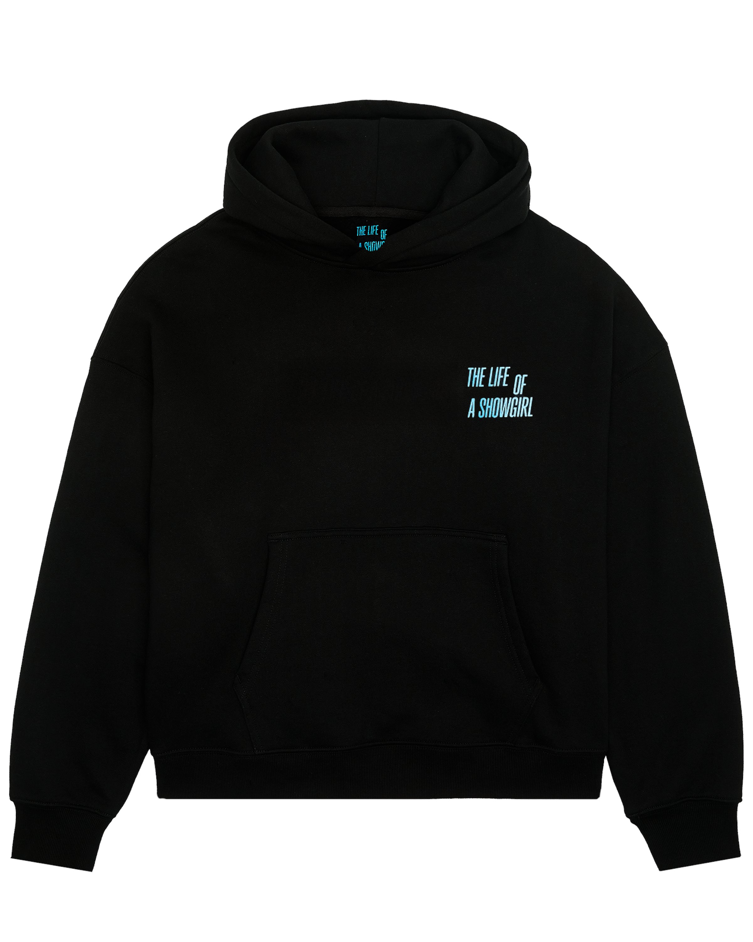 swiftpitch_uk's tweet card. Ships within 3 days   Black hoodie featuring "The Life of a Showgirl" album logo in blue sparkle print on front and mosaic of photos of Taylor Swift printed on back.   Standard fit.100% Cotton  ...