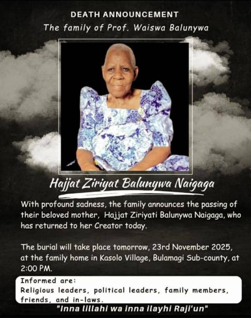 RedPepperUG's tweet card. The family of Professor Waswa Balunywa is mourning the loss of their beloved mother, the...
