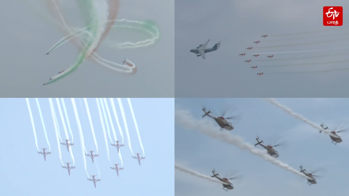 ETVBharatTN's tweet card. மெரினா கடற்கரைக்கு வந்து விமான சாகச நிகழ்ச்சியை பார்க்க முடியாதவர்கள் திருவல்லிக்கேணி, கோவளம், காசிமேடு உள்ளிட்ட இடங்களில் இருந்து பார்க்கலாம் என விமானப்படை அதிகாரிகள் தெரிவித்துள்ளனர்.