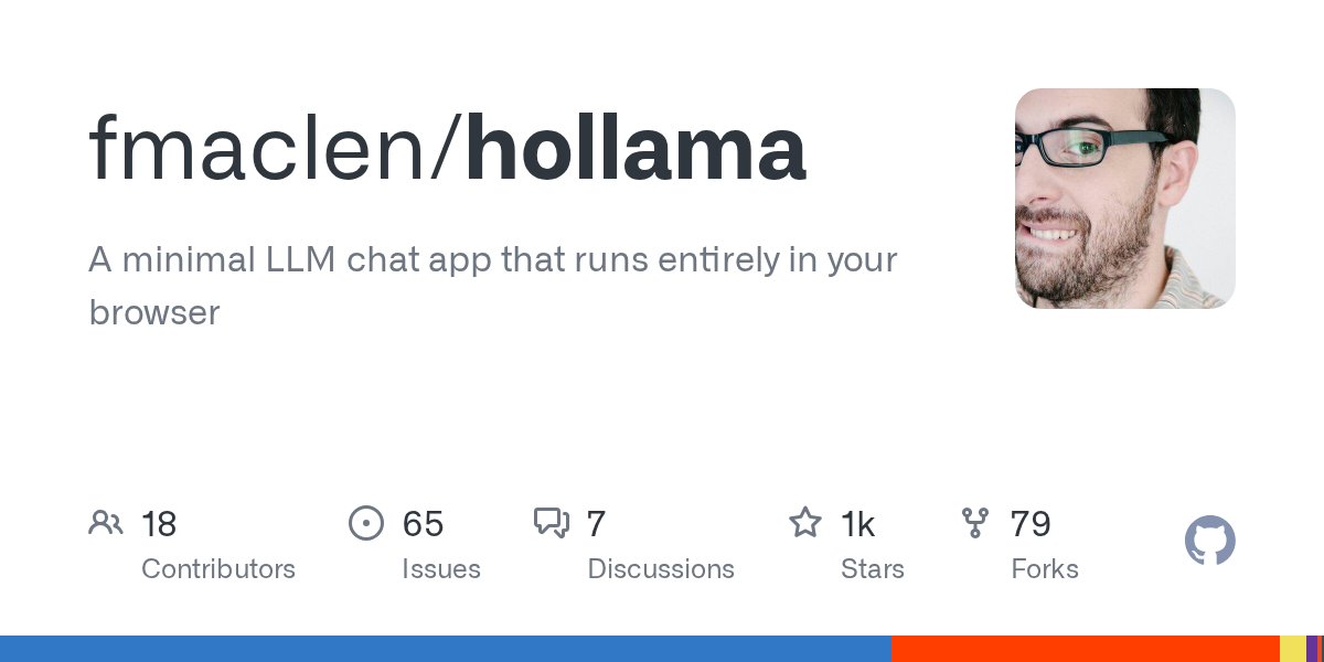 iterativeguy's tweet card. Hollama is a lightweight LLM chat application designed to run entirely within your web browser. It offers support for both Ollama and OpenAI servers, providing a private and feature-rich environment...