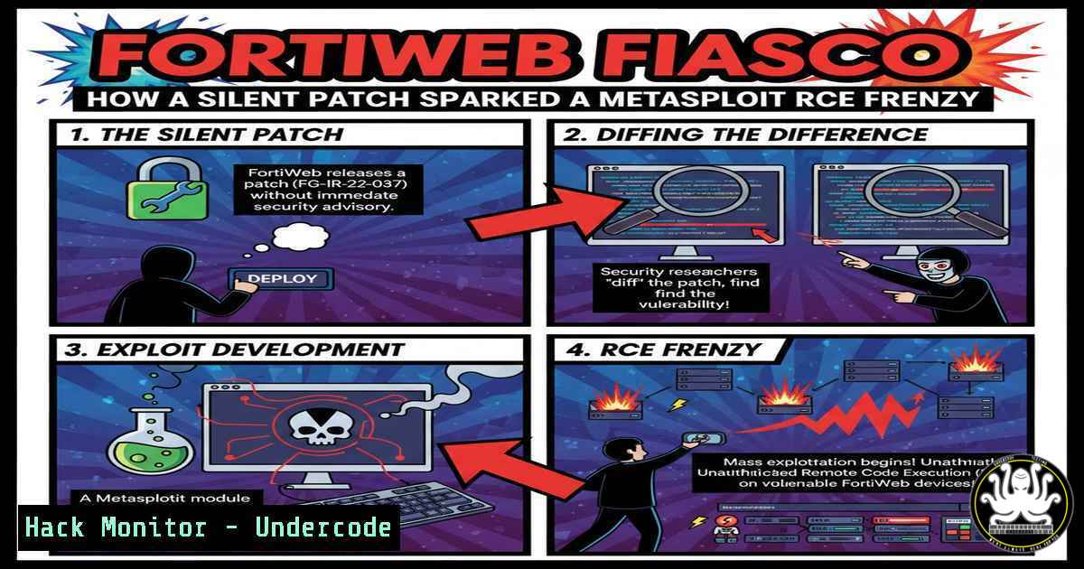 UndercodeUpdate's tweet card. FortiWeb Fiasco: How a Silent Patch Sparked a Metasploit RCE Frenzy - "Undercode Testing": Monitor hackers like a pro. Get real-time updates, AI-powered
