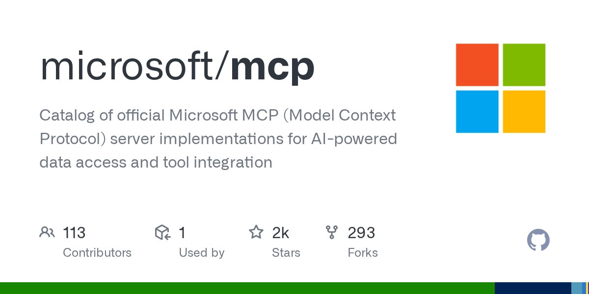lukemurraynz's tweet card. Catalog of official Microsoft MCP (Model Context Protocol) server implementations for AI-powered data access and tool integration - microsoft/mcp