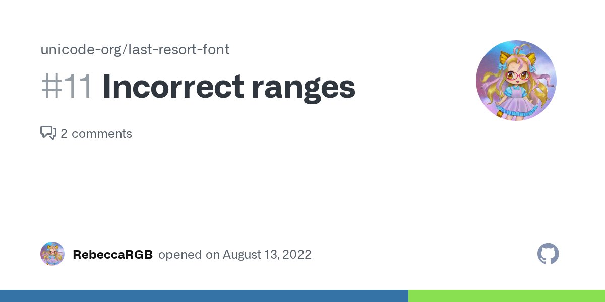 ken_lunde's tweet card. A few of the last resort glyphs have incorrect values for the range of the block they represent: lastresortmathoperatorssup: should be 2A00..2AFF, but shows 2AA0..2AFF. lastresortcjkextf: should be...