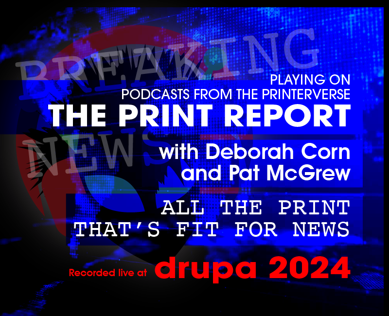 PMCpodcasts's tweet card. Collaborations showcased at drupa 2024, the integration of printing technology and community engagement through the #WeAreDrupa initiative.