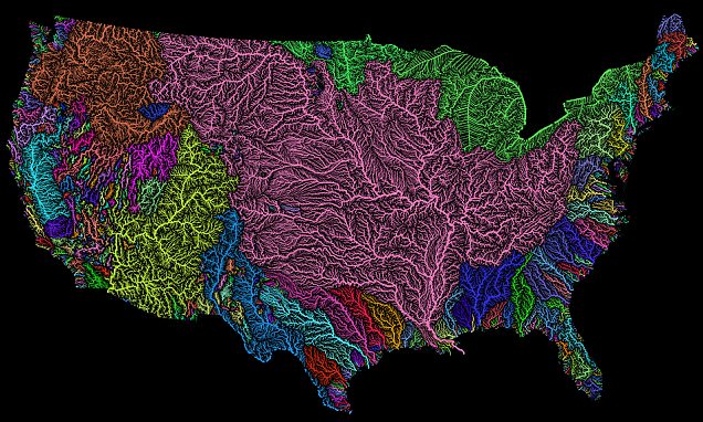 americanrivers's tweet card. A stunning new map from Imgur user Fejetlenfej shows the complex network of rivers and streams in the contiguous United States, highlighting the massive expanse of basins across the country.