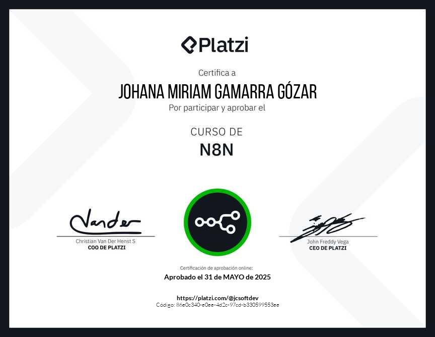 jcsoftdev_'s tweet card. Perfil de @jcsoftdev (Juan Carlos Valencia López) en Platzi, la comunidad más grande de educación en tecnología. Diploma de certificación del Curso de N8N