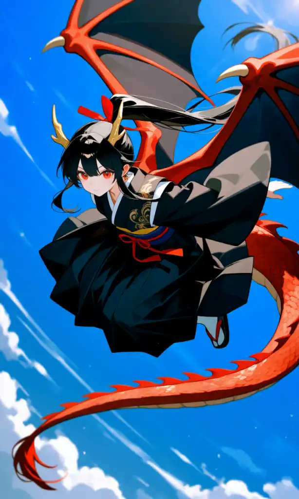 PonyStripe's tweet card. 'Double tail' by PonyPonyPudding features tags like ponytail, kimono, flying, dragon_girl, dragon_tail, anime_style, blue_sky, dragon_horns, dragon_wings, black_hakama, A young girl with a cute face,...