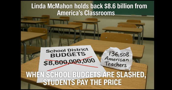 Labpps's tweet card. Just weeks before the school year begins, Secretary of Education Linda McMahon is refusing to release $8.6 billion in federal funds that Congress approved for public schools. This is more than a...