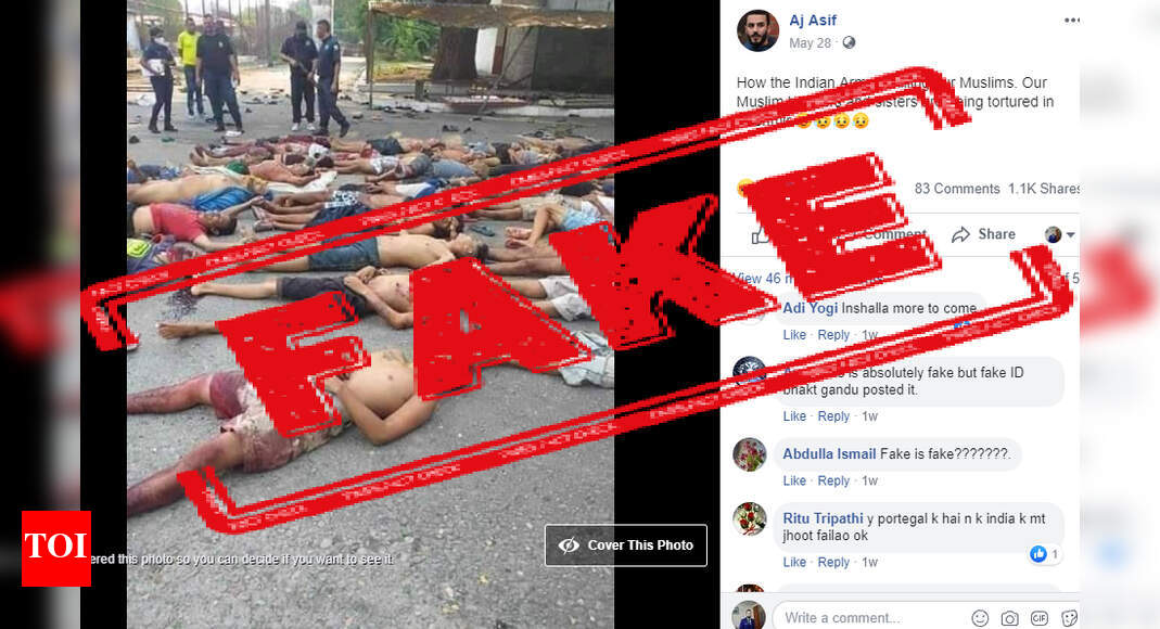 timesfactcheck's tweet card. News News: Facebook user Aj Asif shared a graphic image that shows dead bodies with a claim that Indian Army is killing Muslims in Kashmir.