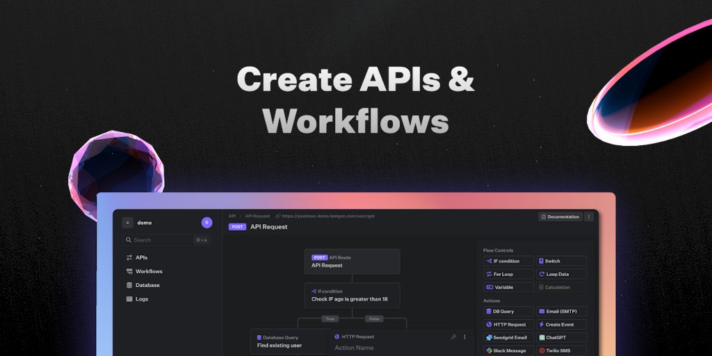 MaryYesudh14295's tweet card. Fastgen is a low-code API and workflow builder with an integrated Postgres DB to create any custom business logic or complete backends. Build through a drag-and-drop interface and directly test and...