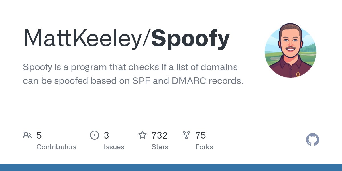 rootsecdev's tweet card. Spoofy is a program that checks if a list of domains can be spoofed based on SPF and DMARC records. - MattKeeley/Spoofy