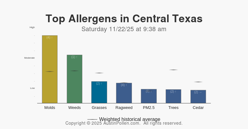 AustinPollenApp's tweet card. Austin pollen count and report. Allergy count report and help. Mold count report allergy. Best source daily allergy report. Cedar Oak Ragweed Mold.
