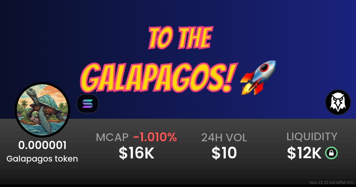 GalapagosToken's tweet card. $0.00001650 Galapagos token (0.000001) realtime price charts, trading history and info - 0.000001 / SOL on Solana / Raydium