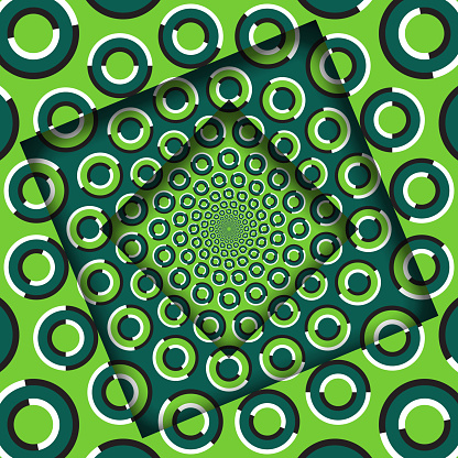 yurrey_p's tweet card. Abstract turned frames with a rotating green rings pattern. Optical illusion background.