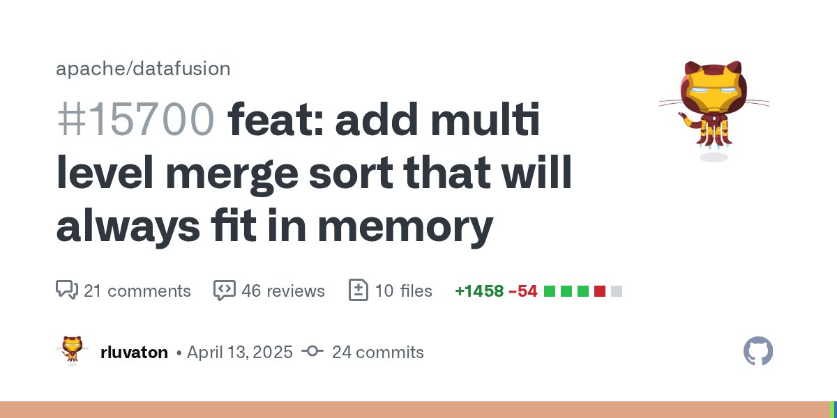 andrewlamb1111's tweet card. Which issue does this PR close? Closes A complete solution for stable and safe sort with spill #14692. Rationale for this change We need merge sort that does not fail with out of memory What chan...