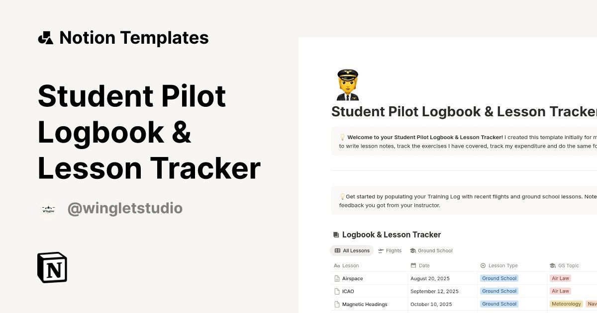 AviateAddict's tweet card. Track your journey as a Student Pilot with this logbook and lesson tracker template. This template is designed to be an extension of your physical logbook - a place to track both flight training and...