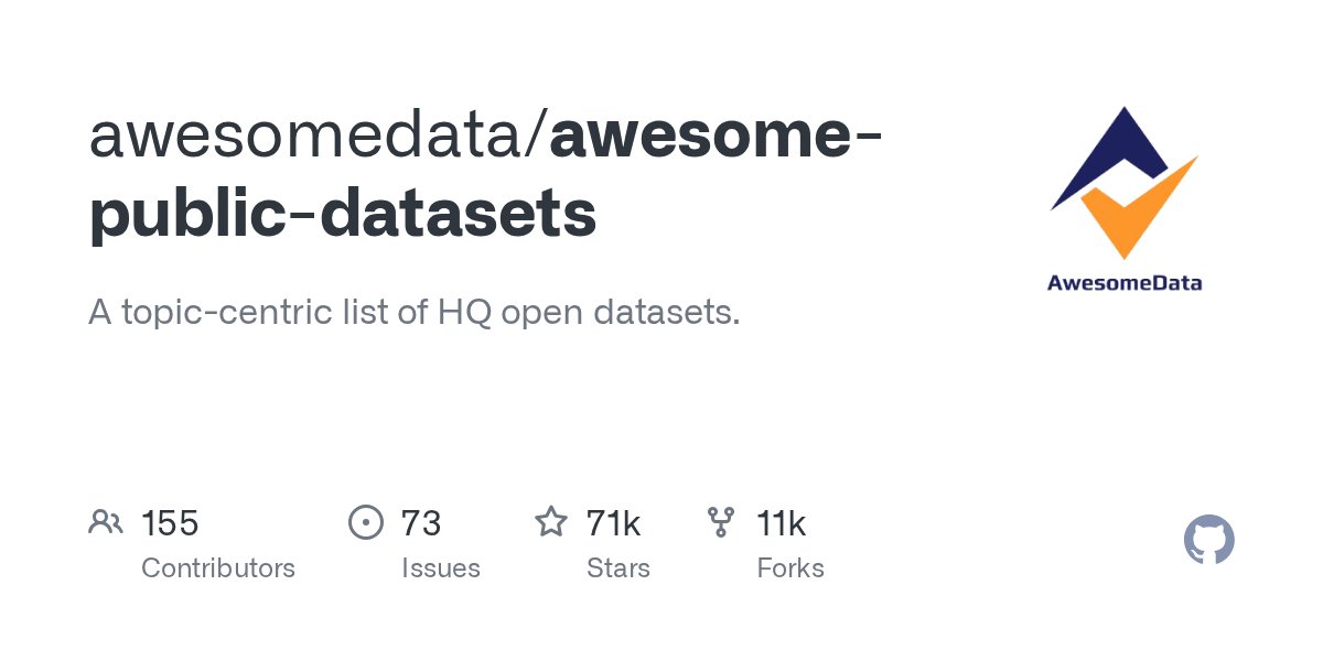 geeknik's tweet card. A topic-centric list of HQ open datasets. Contribute to awesomedata/awesome-public-datasets development by creating an account on GitHub.