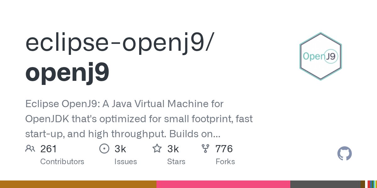 crgracie's tweet card. Eclipse OpenJ9: A Java Virtual Machine for OpenJDK that's optimized for small footprint, fast start-up, and high throughput. Builds on Eclipse OMR (https://github.com/eclipse/omr) and com...