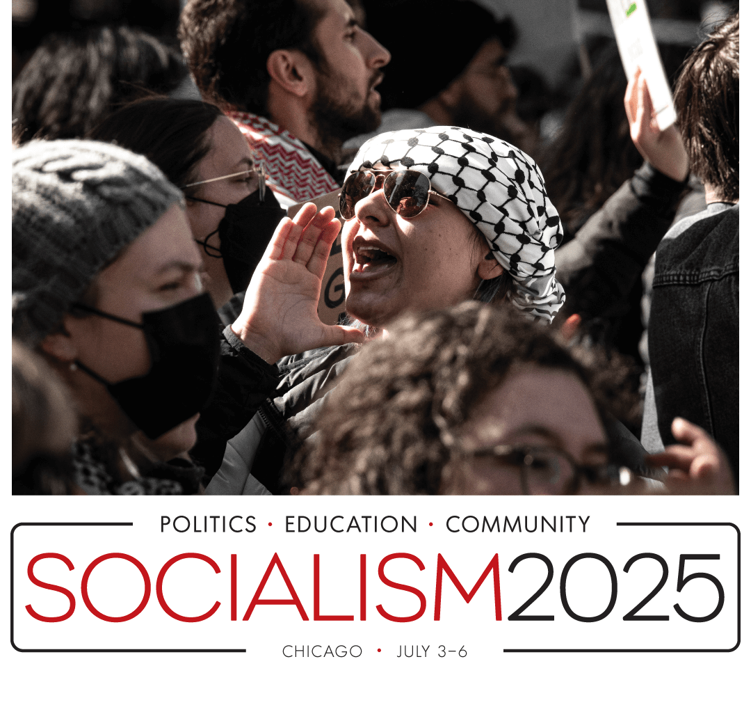 CommJusticeExch's tweet card. Socialism 2025 is a conference featuring dozens of panels, lectures, and workshops organized by groups from all over the country.