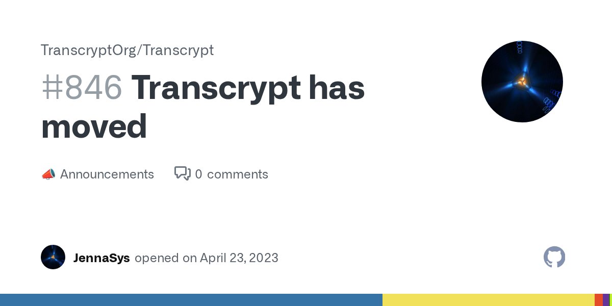 TranscryptOrg's tweet card. As was mentioned a while back, Transcrypt now has a new home on GitHub. It has been moved from a personal account to an organizational GitHub account. It is intended that this organizational accoun...