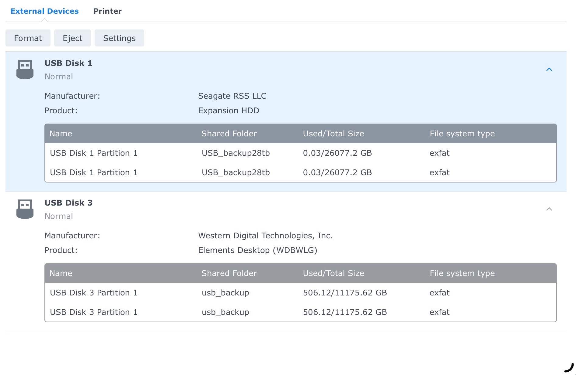 SynoForum_com's tweet card. Hi, I connected 2 external usb HDD drives to my synology ds920+ running DSM 7.2: a seagate Expansion 28tb and a WD Element 12tb drives. I formated both drives to exfat. In the control panel...