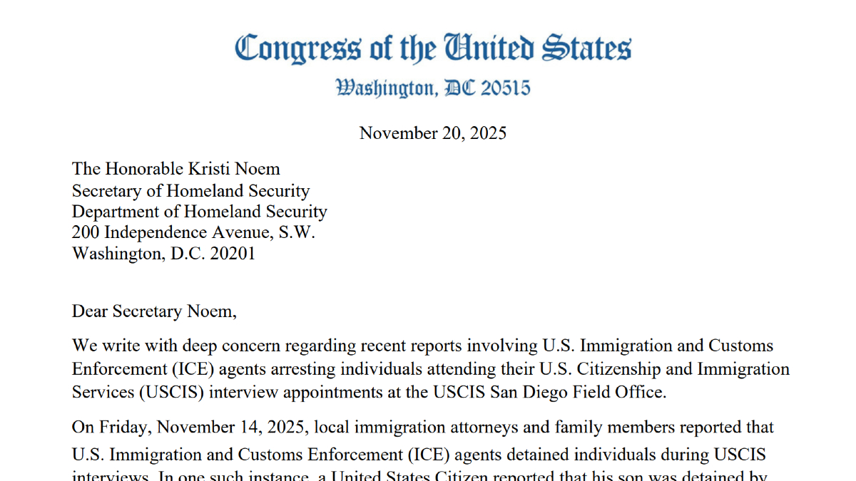 RepSaraJacobs's tweet card. Three members of Congress sent a letter to Homeland Security Secretary Kristi Noem Thursday with several questions and “deep concern” over ICE arrests during green card interviews in San Diego.