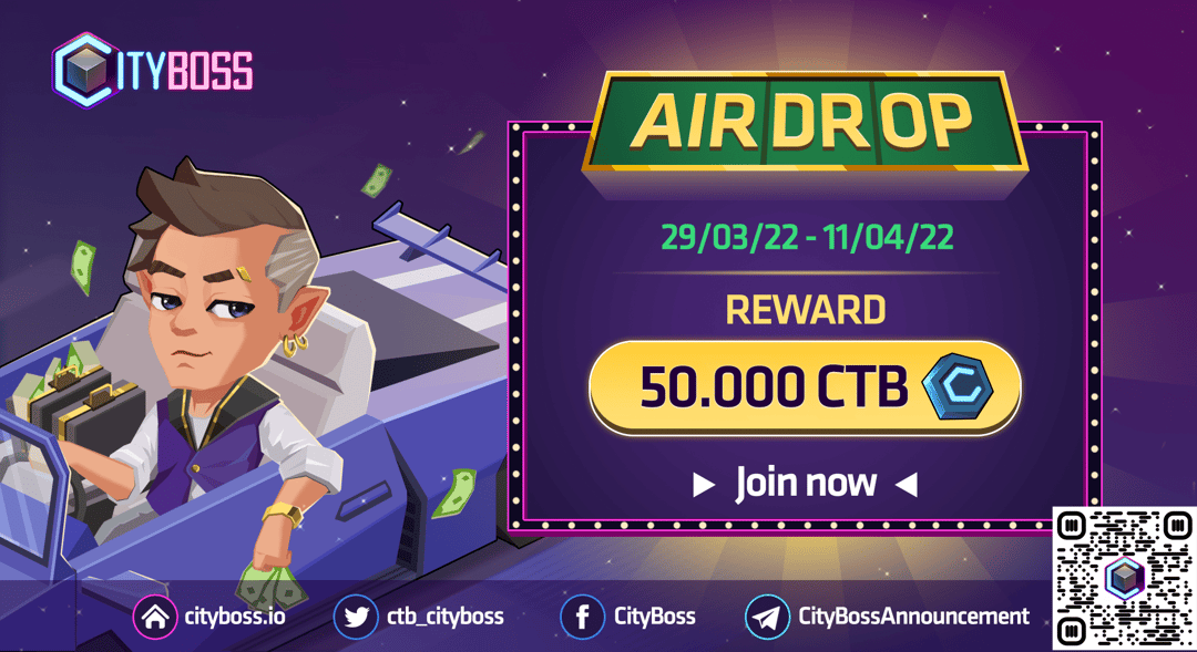 ctb_cityboss's tweet card. 🎉 CITYBOSS MASSIVE GIVEAWAY ON OFFICIAL TRAILER RELEASE 🎁 Total allocation: 50,000 CTB Total winners: 1,000 members ​Duration ⏰ Start time: 8.00 am UTC, March 29th, 2022 ⏰ End time : 8.00 am UTC,...