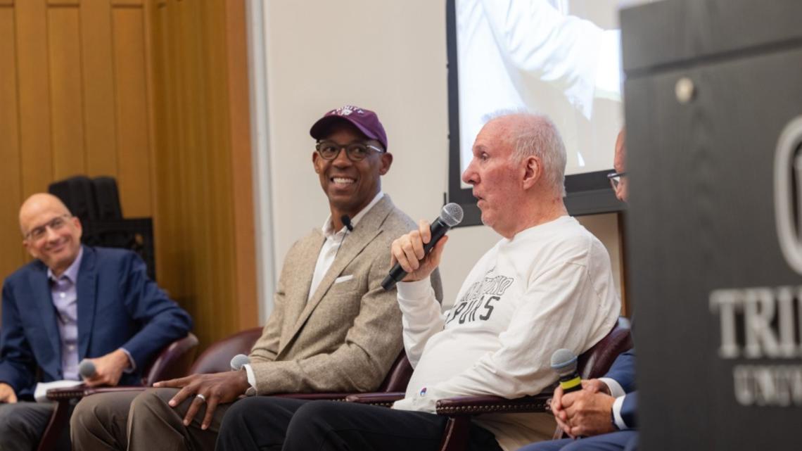 KENS5's tweet card. Gregg Popovich was joined by Spurs legend Sean Elliot, speaking to the community at Trinity University on Friday night.