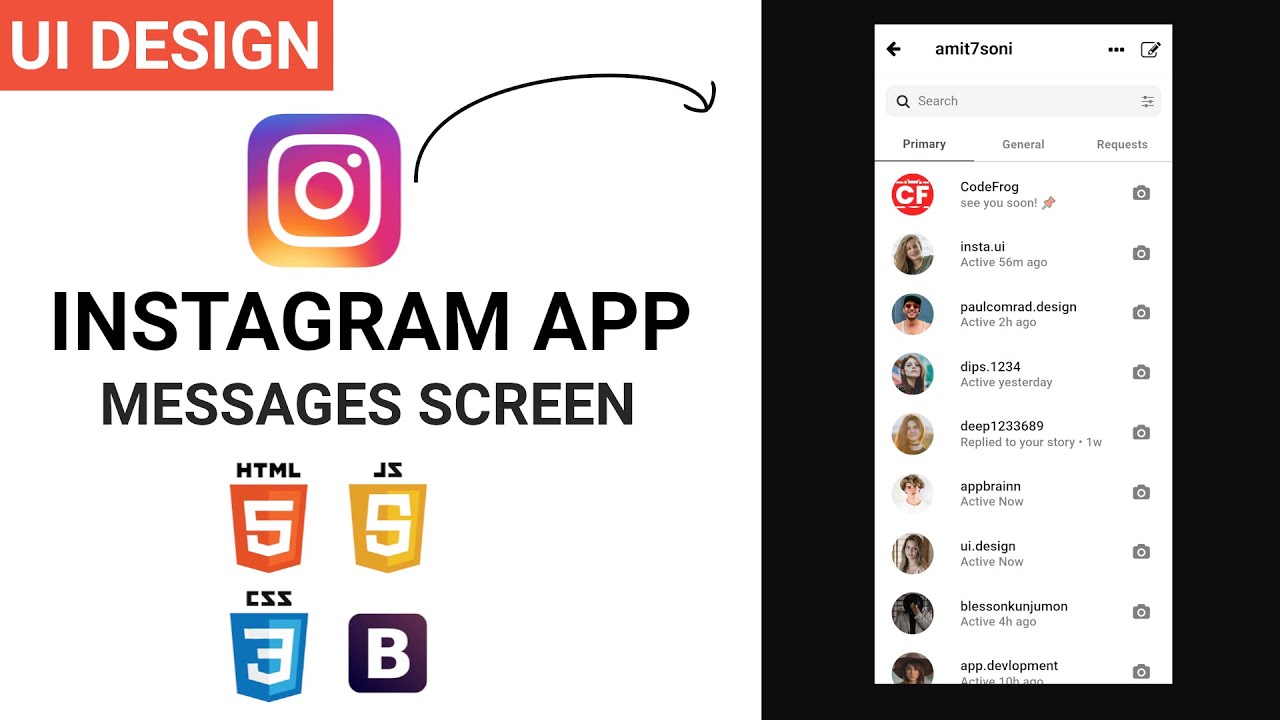 CodeFrogShow's tweet card. Instagram App UI Template - E05 - Messages Screen | HTML CSS BOOTST...