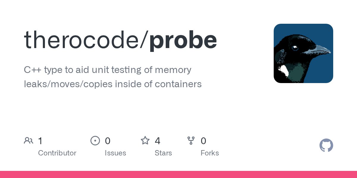 therocode's tweet card. C++ type to aid unit testing of memory leaks/moves/copies inside of containers - therocode/probe